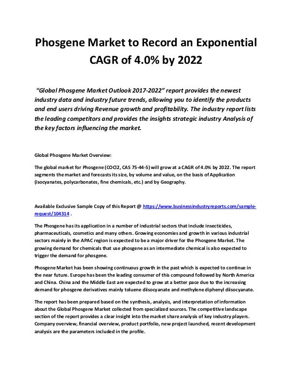 Business Industry Reports Phosgene Market to Record an Exponential CAGR of 4