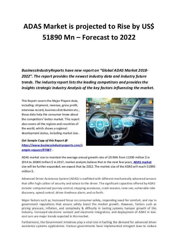 Business Industry Reports New Report on ADAS Market Insights, Forecast 2022
