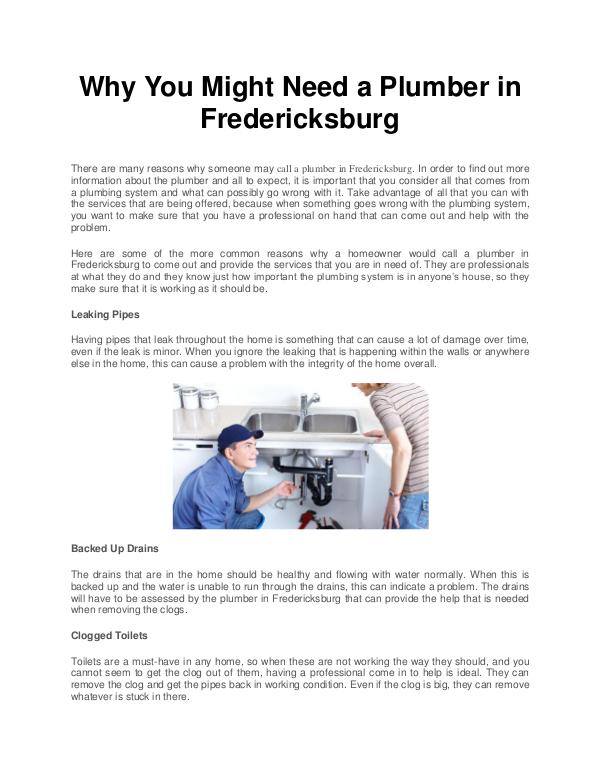 All interesting article to read Why You Might Need a Plumber in Fredericksburg