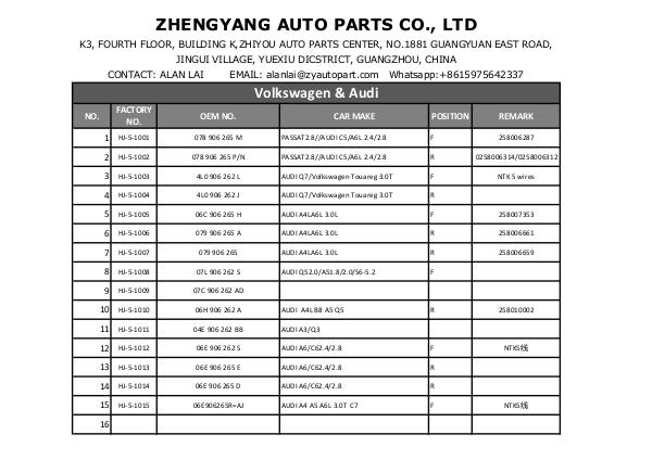 Zheng Yang Auto Parts Oxygen Sensor Catalog 02. Zheng Yang Oxygen Sensor Catalog