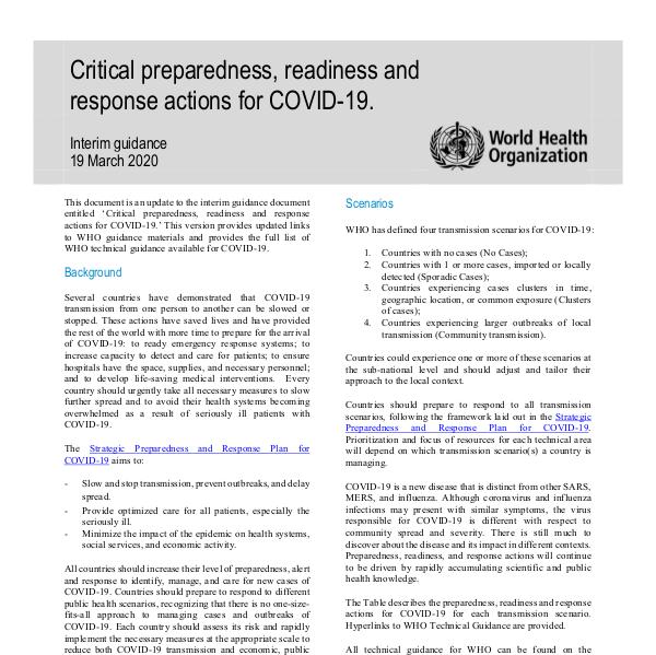 Coronavirus disease (COVID-19) technical guidance by WHO COVID-19: preparedness, readiness and actions