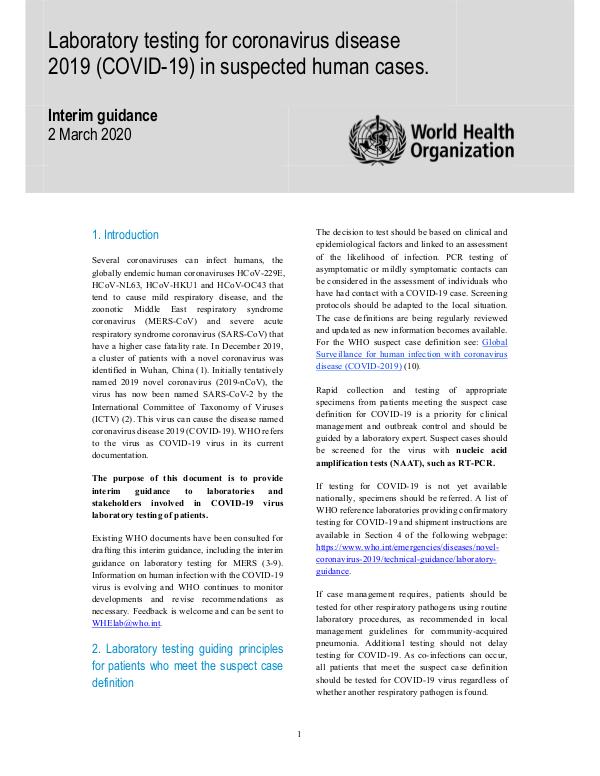 Coronavirus disease (COVID-19) technical guidance by WHO Laboratory testing for COVID-19