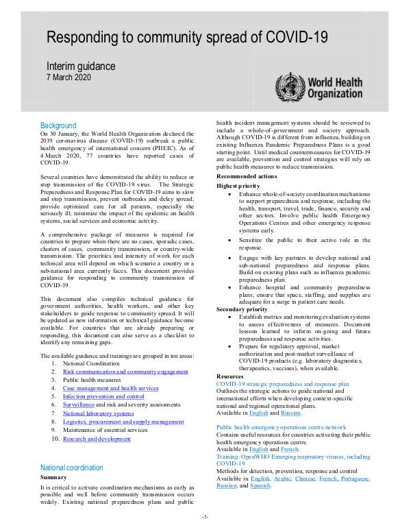 Coronavirus disease (COVID-19) technical guidance by WHO Responding to community spread of COVID-19