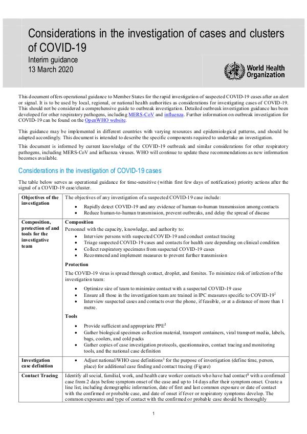 Coronavirus disease (COVID-19) technical guidance by WHO Considerations in investigation of COVID-19 cases