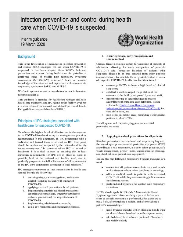 Coronavirus disease (COVID-19) technical guidance by WHO Infection prevention and control