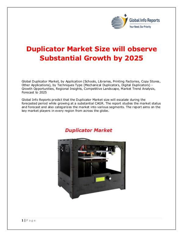Global Info Reports Duplicator Market 2018