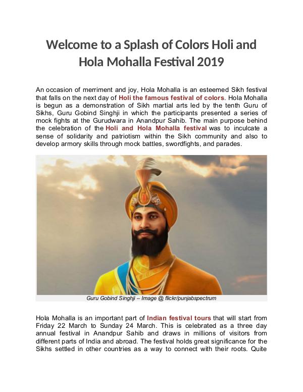 Welcome to a Splash of Colors Holi and Hola Mohalla Festival 2019 Welcome to a Splash of Colors Holi and Hola Mohall