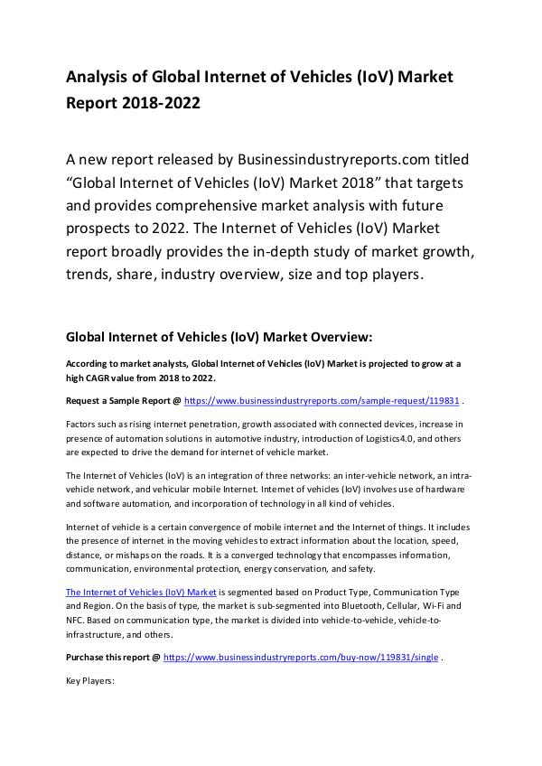 Internet of Vehicles (IoV) Market Report 2018-2022