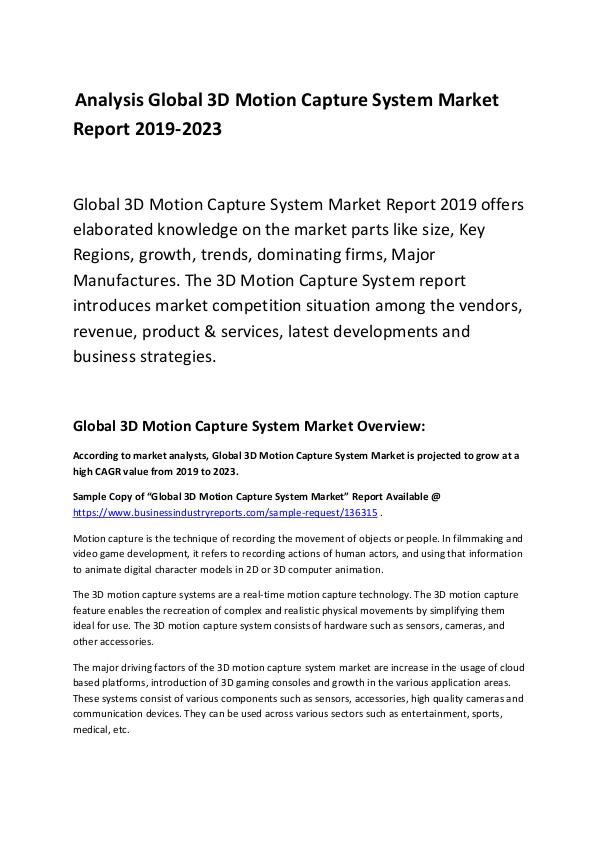 Market Research Report 3D Motion Capture System Market Report 2019