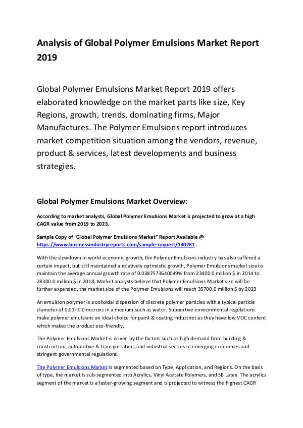 Market Research Report Global Polymer Emulsions Market Report 2019