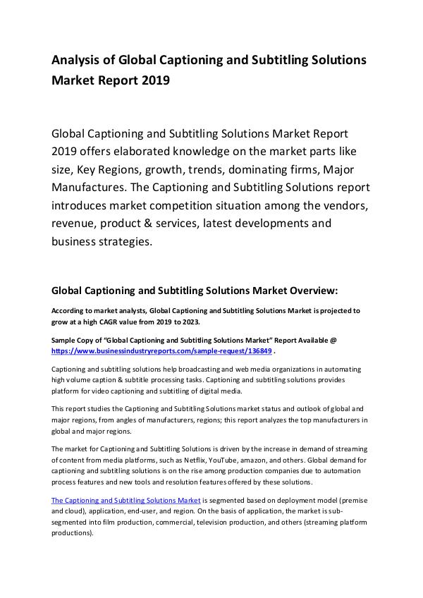 Market Research Report Captioning and Subtitling Solutions Market 2019