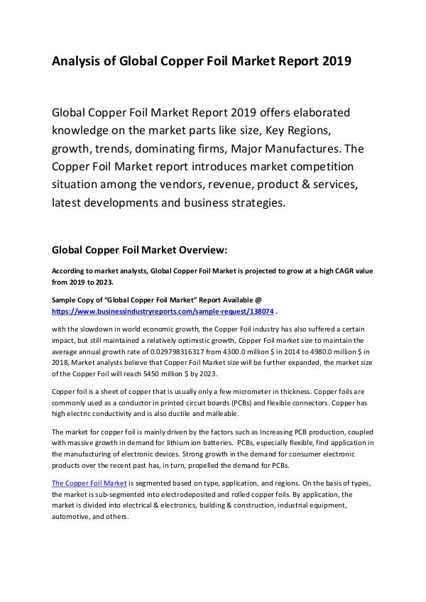 Market Research Report Global Copper Foil Market Report 2019