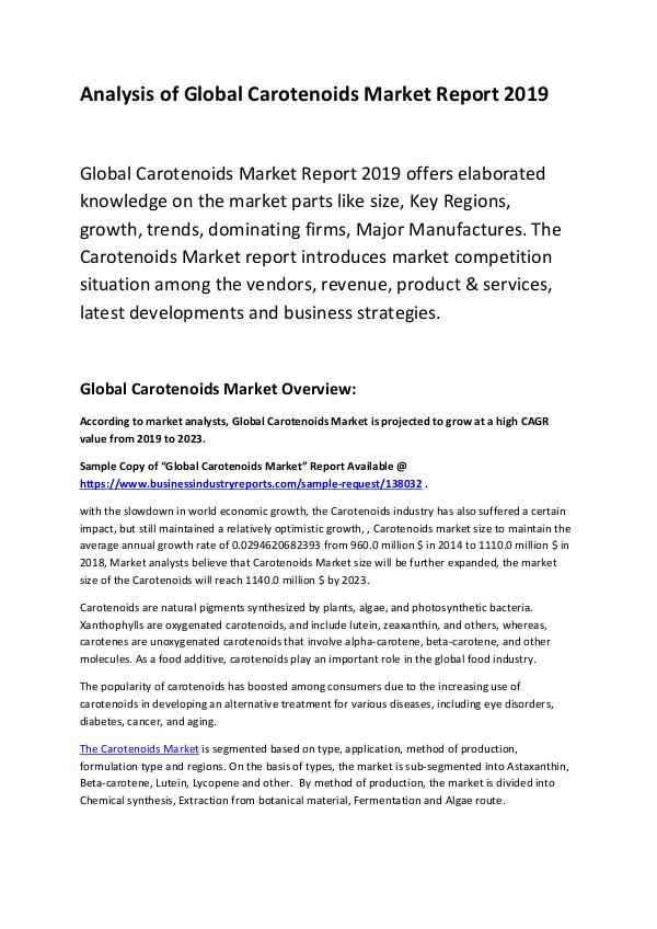 Market Research Report Global Carotenoids Market Report 2019