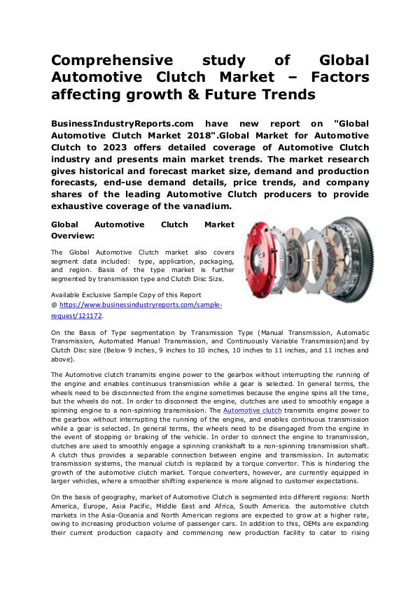 Industrial Reports Analysis Automotive Clutch Market 2018