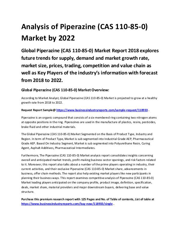 Piperazine (CAS 110-85-0) Market 2018 - 2022