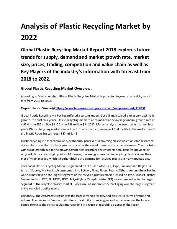 Chemical Analysis Report Plastic Recycling Market 2018 - 2022