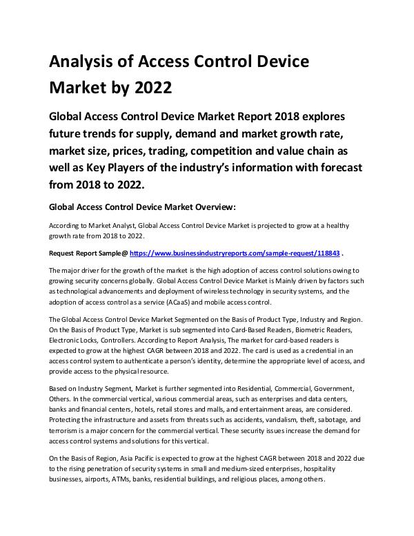 Access Control Device Market 2018 - 2022