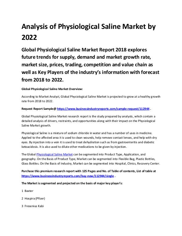 Market Analysis Report Physiological Saline Market 2018 - 2022