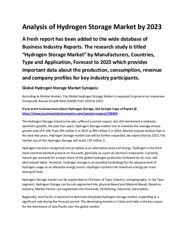 Market Analysis Report Hydrogen Storage Market 2019 - 2023