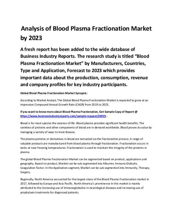 Market Analysis Report Blood Plasma Fractionation Market