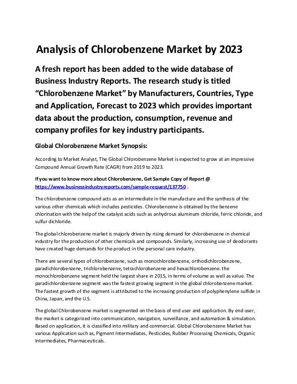 Global Chlorobenzene Market Report 2019 - 2023