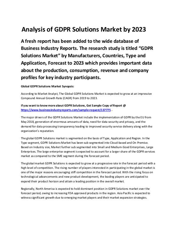 Market Analysis Report Global GDPR Solutions Market Report 2019 - 2023