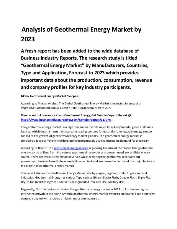 Market Analysis Report Latest Trends in Geothermal Energy Market2019-2023