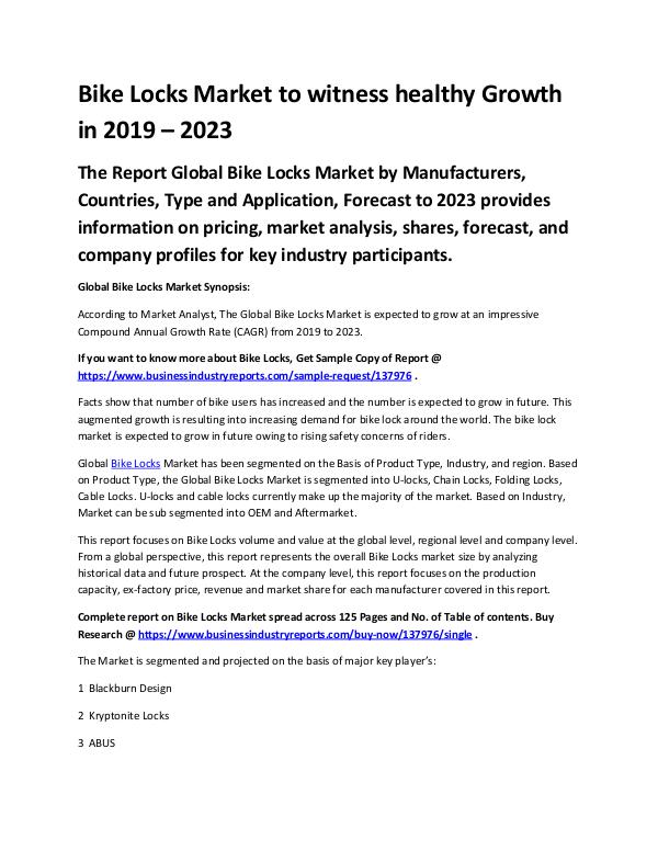 Market Analysis Report Bike Locks Market to witness healthy Growth in 201