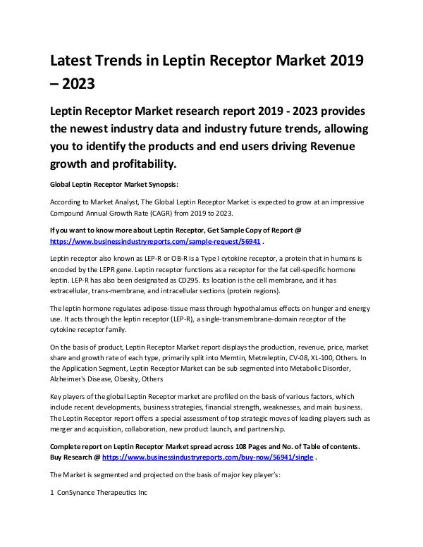 Market Analysis Report Latest Trends in Leptin Receptor Market 2019-2023
