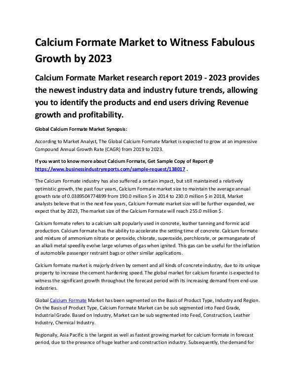 Market Analysis Report Calcium Formate Market 2019 - 2023