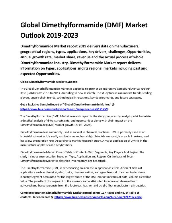 Market Analysis Report Global Dimethylformamide (DMF) Market Outlook 2019