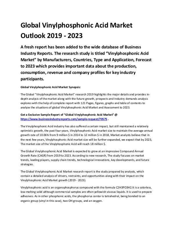 Market Analysis Report Global Vinylphosphonic Acid Market Outlook 2019 -