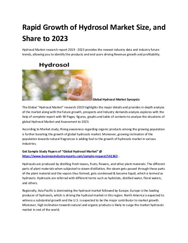 Market Analysis Report Rapid Growth of Hydrosol Market