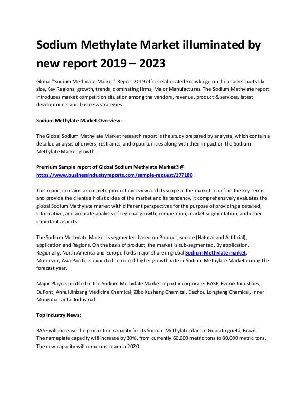 Market Analysis Report Sodium methylate market Analysis by 2023