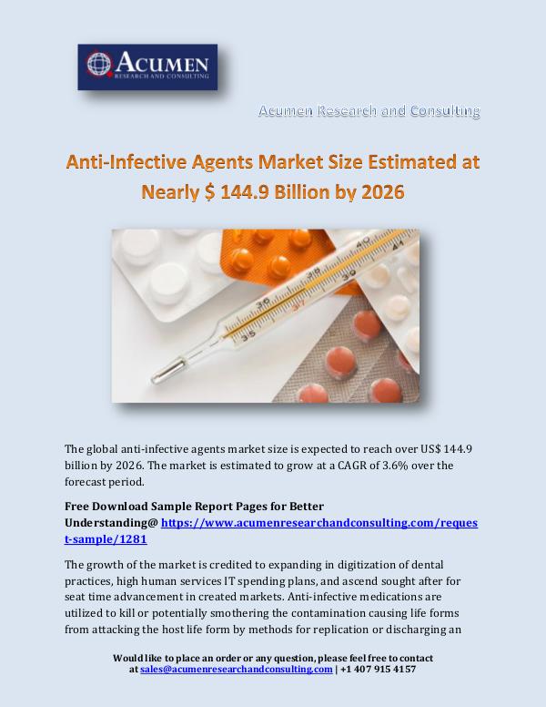 Acumen Research and Consulting Anti-Infective Agents Market Size Estimated at Nea