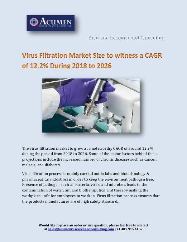 Acumen Research and Consulting Virus Filtration Market Size to witness a CAGR of