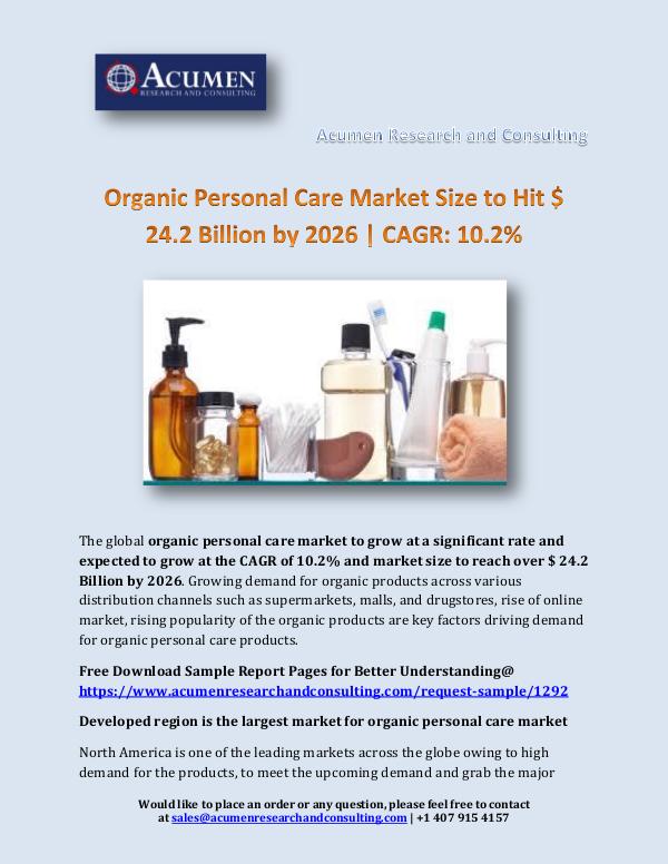 Acumen Research and Consulting Organic Personal Care Market Size to Hit $ 24.2 Bi