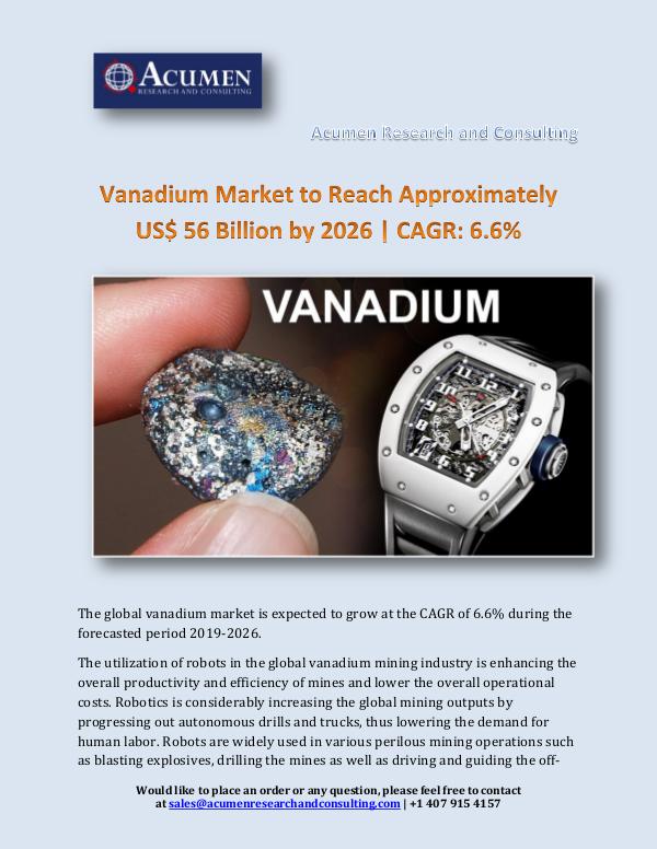 Acumen Research and Consulting Vanadium Market Size 2018 - 2026