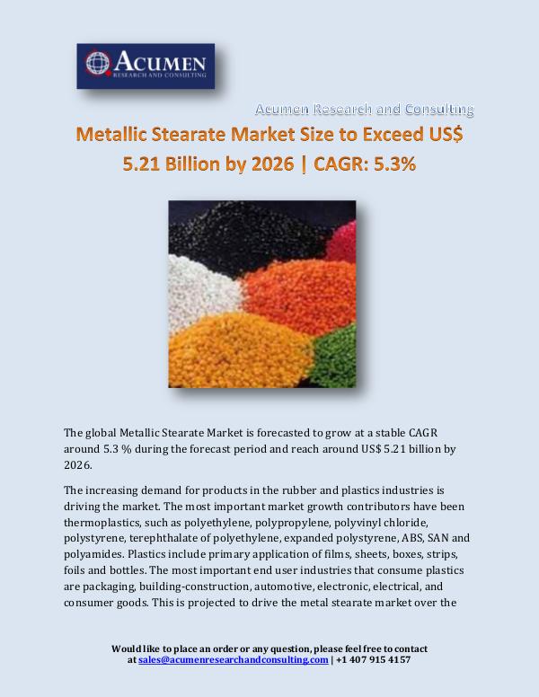 Acumen Research and Consulting Metallic Stearate Market Size to Exceed US$ 5.21 B