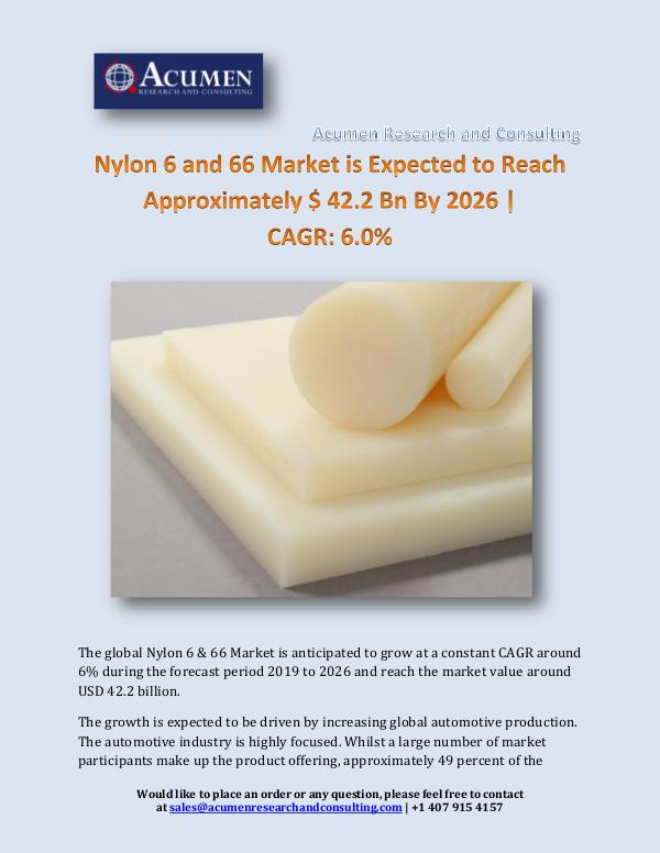 Acumen Research and Consulting Nylon 6 and 66 Market is Expected to Reach Approxi