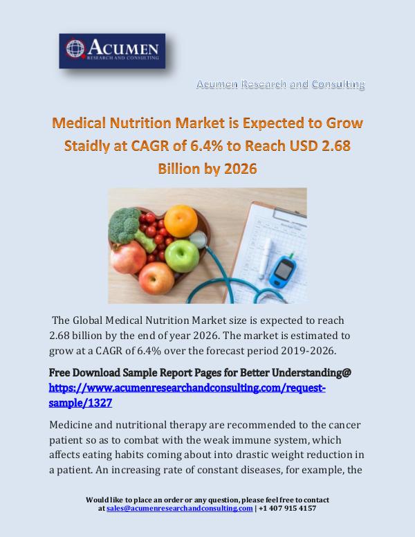 Acumen Research and Consulting Medical Nutrition Market is Expected to Grow Staid
