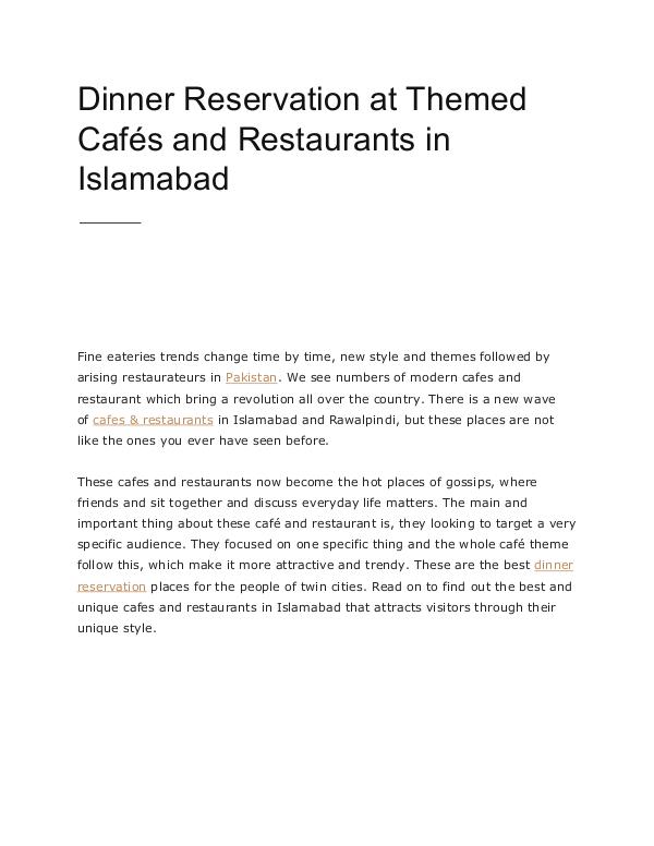 Dinner Reservation at Themed Cafés and Restaurants in Islamabad Dinner Reservation at Themed Cafés and Restaurants