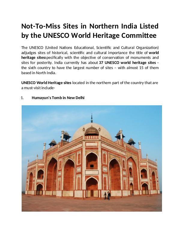 Sites in Northern India Listed by the UNESCO World Heritage Committee Sites in Northern India Listed by the UNESCO World