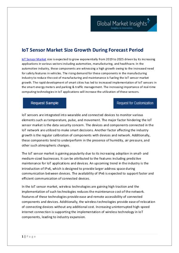 IoT Sensor Market Trends, Analysis & Forecast, 2019 – 2025 IoT Sensor Market