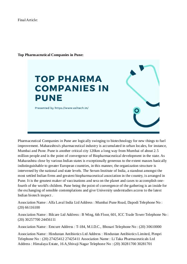 Top Pharma Companies in Pune Top pharma companies in Pune