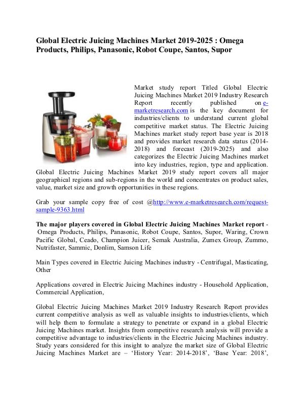 e-Market Research News Global Electric Juicing Machines Market 2019-2025