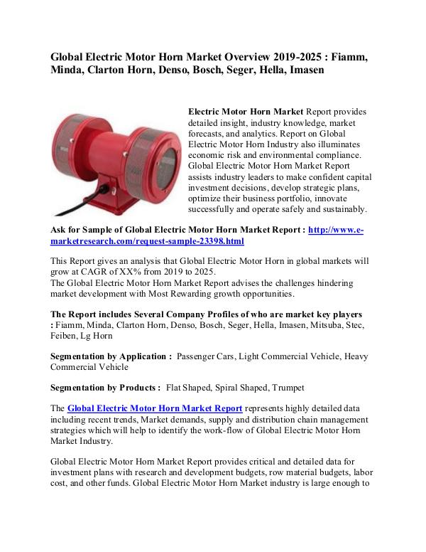 Global Electric Motor Horn Market Overview 2019