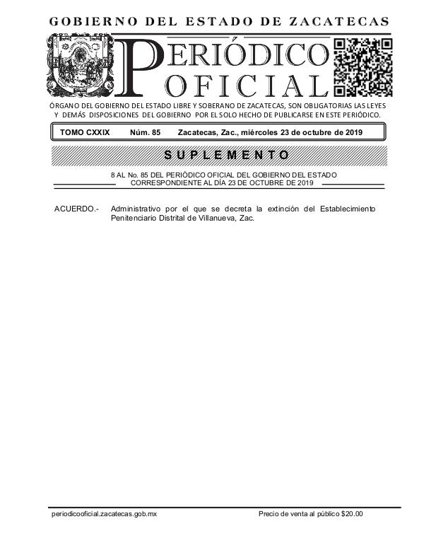 Acuerdo Administrativo Gobierno del Estado de Zacatecas CXXIX_SUPL8_AL_85_I_