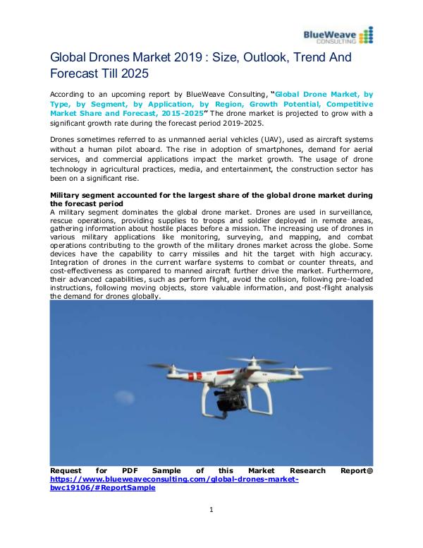 Global Drones Market 2019 : Size,Outlook,Trend And Forecast Till 2025 Drone Market