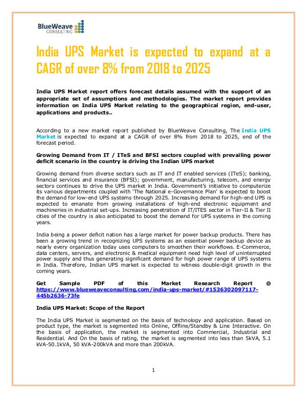 India UPS Market is expected to grow with a CAGR over 8% India UPS Market